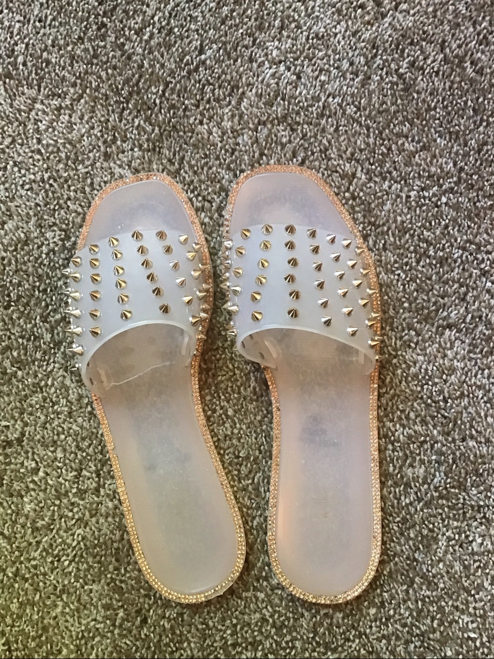 Nicole Miller Jelly Slide Sandals Womens 8 Clear Gold Studded Rhinestone